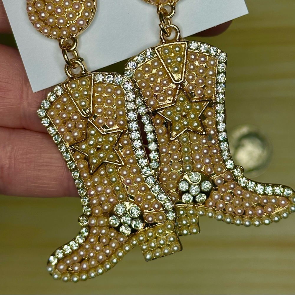 Gold and Pearl Large Cowboy Boot Earrings – BUY 5+ & GET 40% OFF